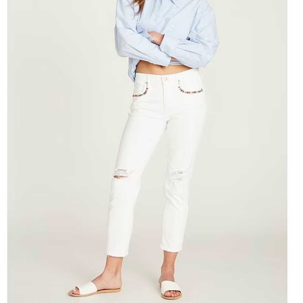 Driftwood X Folklore Gizelle Skinny Leg Embroidered Distressed Denim Jeans